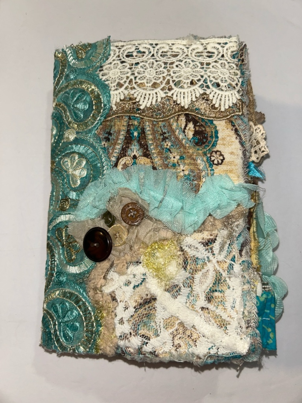 Handmade Boho Fabric Journal in Teal and Cream Paisley Lace Buttons